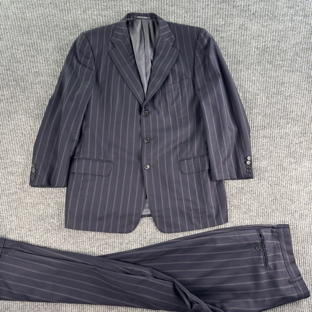 Saks Fifth Avenue Suit 44R Navy Wool Striped Ermenegildo Zegna Trofeo 40x31.5